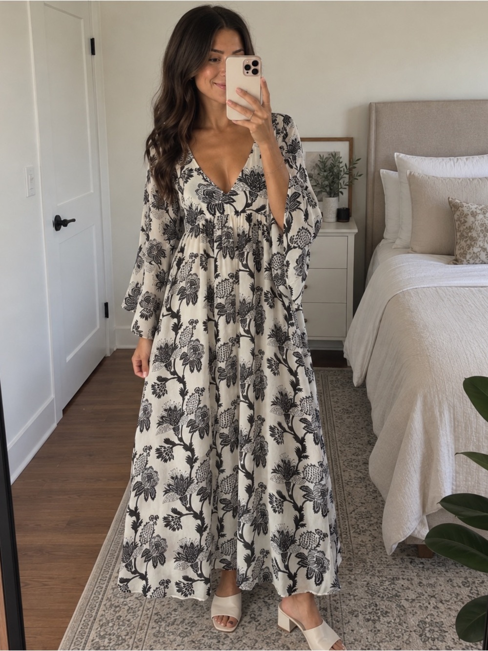 Banjanan Silk Floral Flowy Black and White Maxi Dress Size S